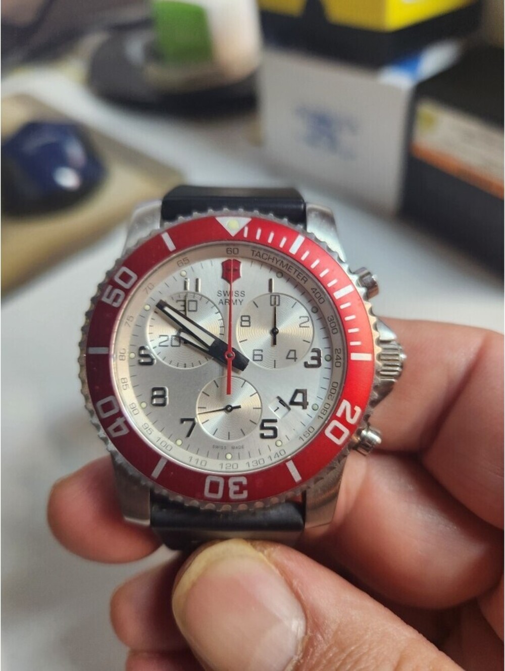 Victorinox Swiss Army Chronograph Red Bezel Black Rubber Strap, 43mm (24142)
